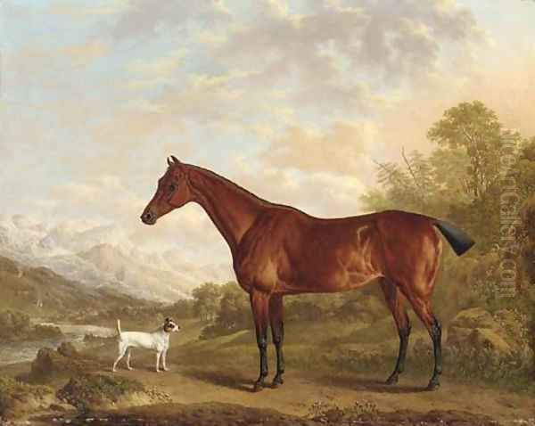 A bay hunter and terrier in a mountainous wooded landscape, a town and river beyond Oil Painting by Charles Towne