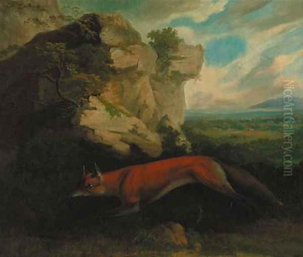 A fox by a rocky outcrop, a hunt beyond Oil Painting by Charles Towne