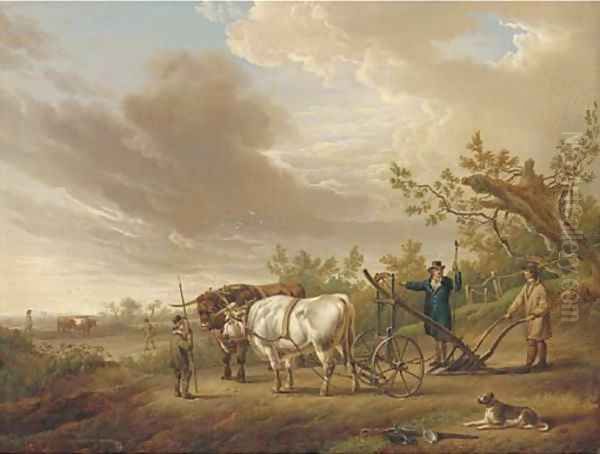 Oxen harnessed to a plough Oil Painting by Charles Towne