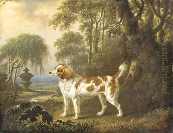 A Marlborough spaniel in a wooded landscape, an urn beyond Oil Painting by Charles Towne