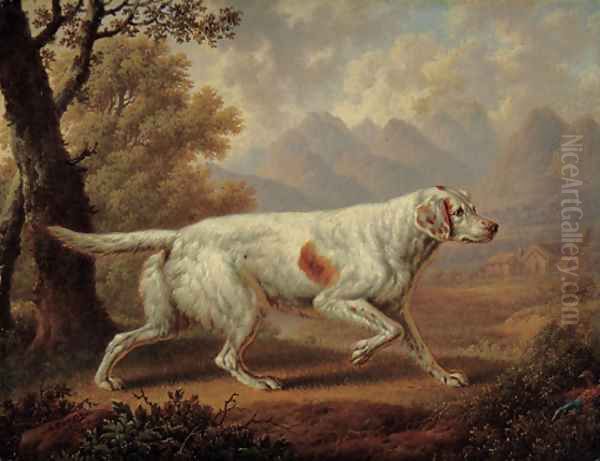 An English Setter in a wooded landscape, with pheasants in the foreground and mountains beyond Oil Painting by Charles Towne