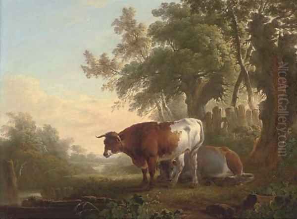 Cattle on a riverbank Oil Painting by Charles Towne