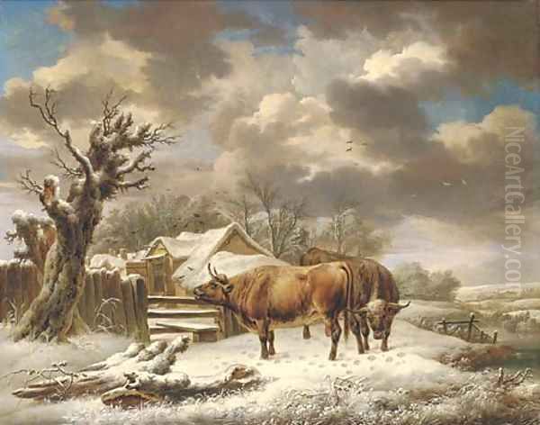 Livestock in a winter landscape Oil Painting by Charles Towne