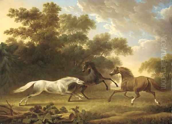 Stallions in a wooded paddock Oil Painting by Charles Towne