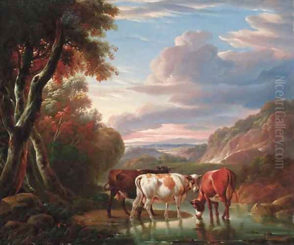 A mountainous river landscape with cattle watering by a pool Oil Painting by Charles Towne