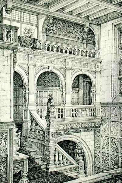 Staircase in Jacobean Style, from Examples of Ancient and Modern Furniture, by Bruce Talbert, 1876 Oil Painting by Bruce James Talbert