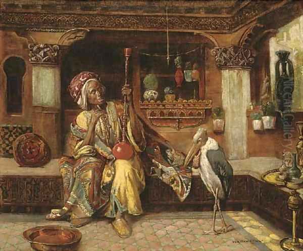 Oriental smoker with hookah and marabou Oil Painting by Gyula Tornai