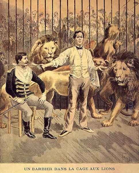 A Barber in the Lions Cage, 1894 Oil Painting by Oswaldo Tofani