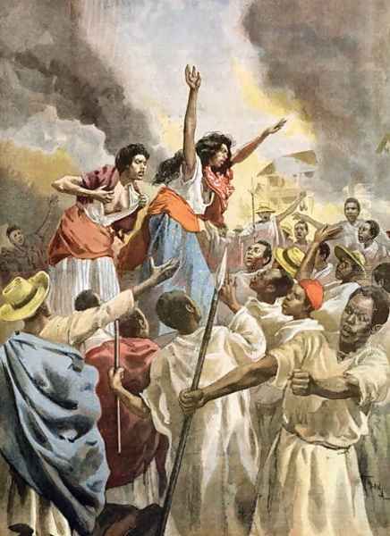 The Royal Princesses Preaching the Holy War in Madagascar, from Le Petit Journal, 9th December 1894 Oil Painting by Oswaldo Tofani