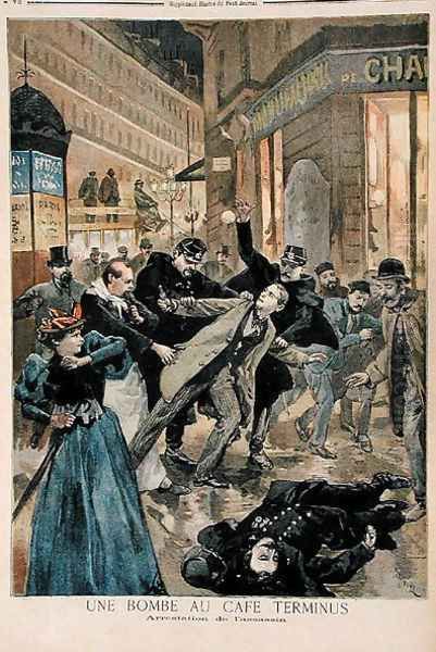 A Bomb at the Cafe Terminus, the Arrest of the Assassin, illustration from Le Petit Journal, 26th February 1894 Oil Painting by Oswaldo Tofani