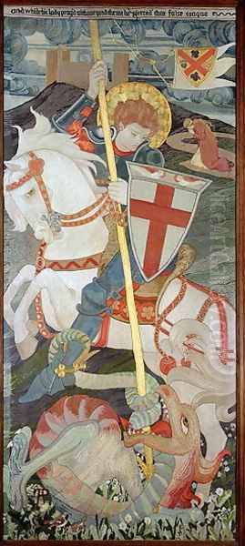 St. George Slaying The Dragon, With Una Praying In Background, 1904 Oil Painting by Phoebe Ann Traquair