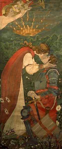 St. George In Armour Being Kissed By Una, 1914 Oil Painting by Phoebe Ann Traquair