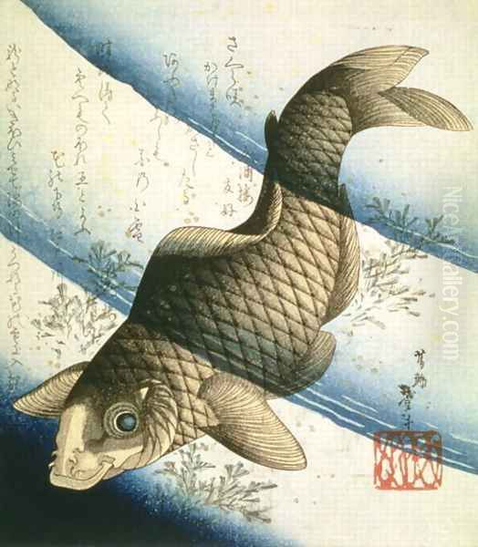 A Carp Swimming among Waterweeds, c.1832 Oil Painting by Katsushika II (Hokusen) Taito