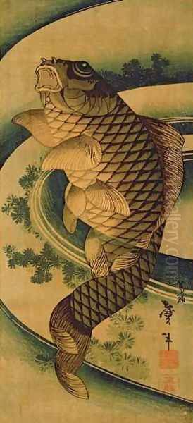 A Carp in a Swirl of Water Oil Painting by Katsushika II (Hokusen) Taito