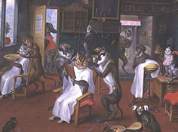 Barbers shop with Monkeys and Cats Oil Painting by Abraham Teniers