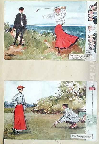 Postcards depicting the game of golf, early 20th century Oil Painting by Lance Thackeray