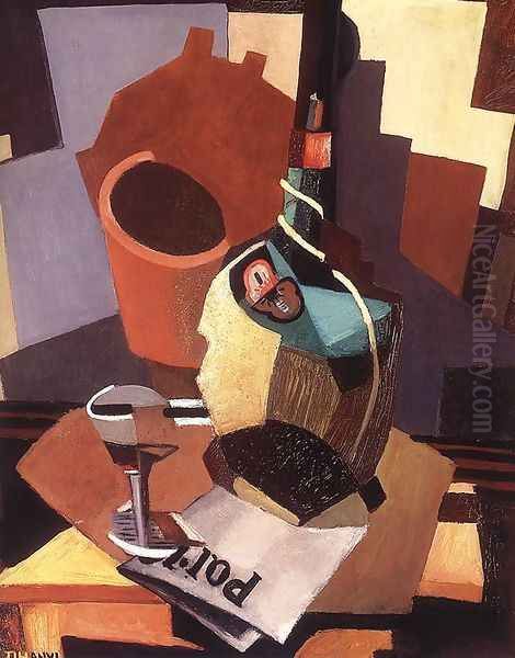 Still-life with Bottle and Glass 1926-28 Oil Painting by Lajos Tihanyi