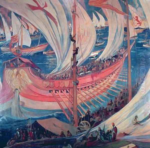 The Nau Ship detail of a picture representing the Catalan expansion in the Mediterranean during the 13th century Oil Painting by Joaquin Mir Trinxet