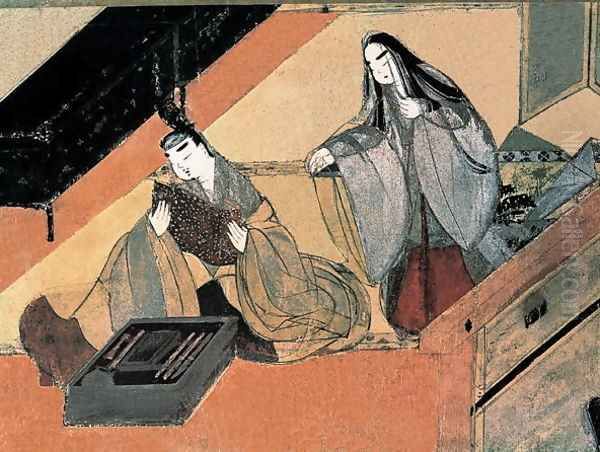 The Tale of Genji, c12th Oil Painting by Fujiwara Takayoshi