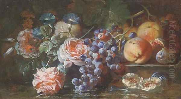 Grapes on the vine, figs, peaches, roses and morning glory resting on a stone ledge before a pool of water Oil Painting by Franz Werner von Tamm