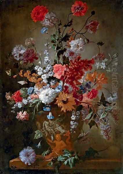 Roses, carnations, a sunflower and other flowers in a classical urn, on stone ledge Oil Painting by Franz Werner von Tamm