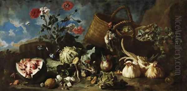 Flowers Fruit and Poultry 1707 Oil Painting by Franz Werner von Tamm