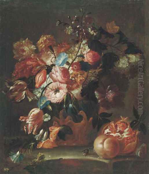 Flowers in sculpted urns with fruit on stone ledges Oil Painting by Franz Werner von Tamm