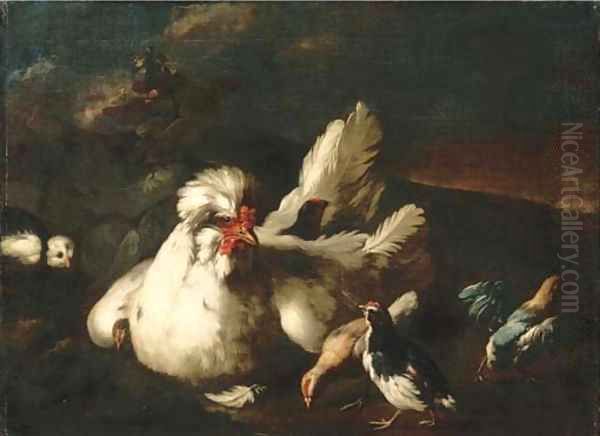 A hen and chicks in a landscape Oil Painting by Franz Werner von Tamm