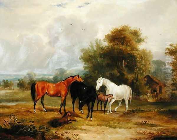 Horses Grazing- Mares and Foals in a Field Oil Painting by Francis Calcraft Turner