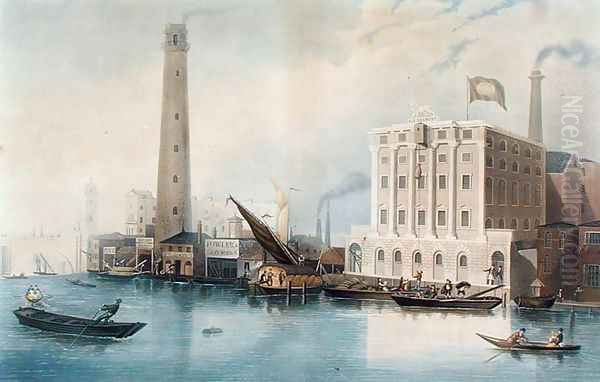 View of Godings New Lion Ale Brewery, Fowlers Iron Works and Walkers Shot Manufactory, Lambeth, 1836 Oil Painting by Francis Calcraft Turner