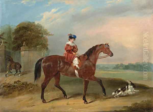 A child on a bay horse with a spaniel outside the grounds of an estate Oil Painting by Francis Calcraft Turner