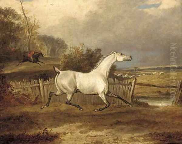 A grey in a paddock with a hunt beyond Oil Painting by Francis Calcraft Turner