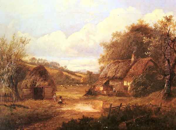 Landscape with figures outside a thatched cottage Oil Painting by Joseph Thors