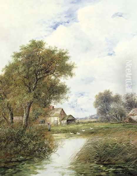 Pond with Ducks and Farmhouse Beyond Oil Painting by Joseph Thors