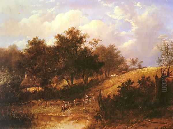 Landscape with figure resting beside a pond Oil Painting by Joseph Thors