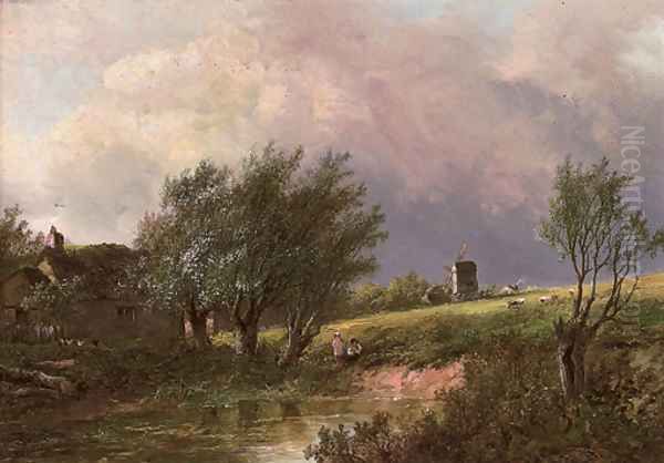 Figures and cottage beside a pool, a windmill beyond Oil Painting by Joseph Thors