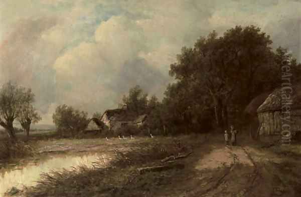 Figures on a track by a duckpond Oil Painting by Joseph Thors