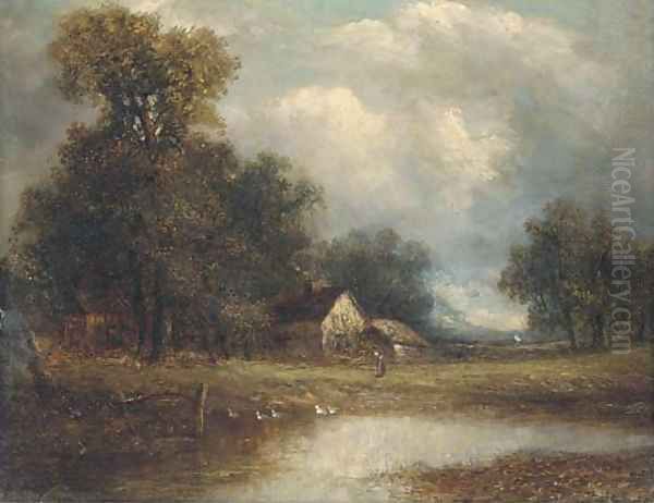 Figure and cottage by a pond by Joseph Thors