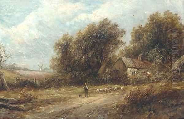 Shepherd and his flock on a track; and Figures at work by a cottage Oil Painting by Joseph Thors