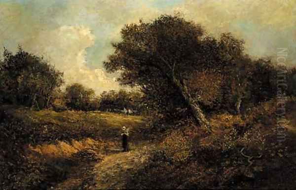 A faggot gatherer on a woodland path Oil Painting by Joseph Thors