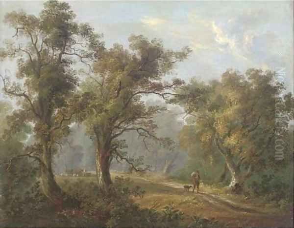 A man and his dog on a wooded path Oil Painting by Joseph Thors