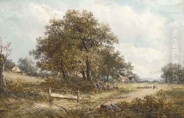 A shepherd and his flock in a wooded landscape, near Leamington Oil Painting by Joseph Thors