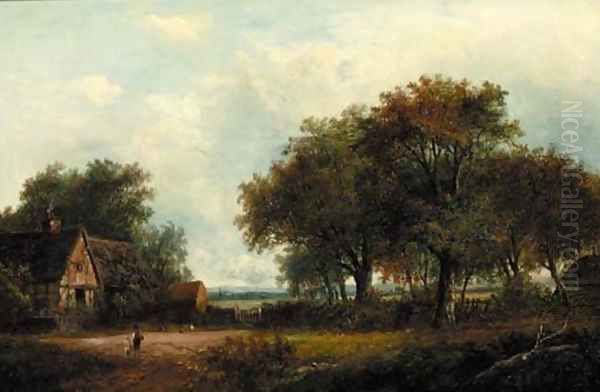 Figures by a cottage in a wooded landscape Oil Painting by Joseph Thors