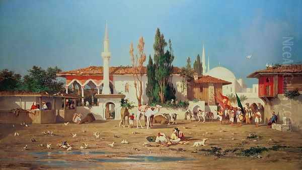 Arabs marching out of town Oil Painting by Charles de Tournemine