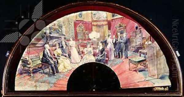 Fan depicting a social gathering after dinner in a drawing room, 1890 Oil Painting by Charles Henry Tenre