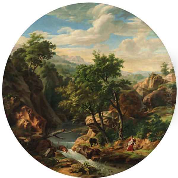 A philosopher and a bear in a mountainous river landscape by Jean-Charles Tardieu