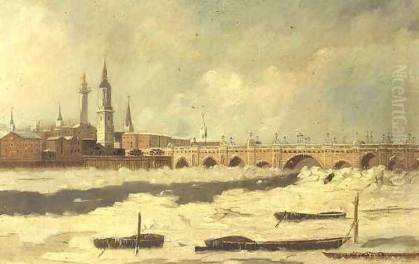 Old London Bridge during the Frost of 1795-96 Oil Painting by Daniel Turner