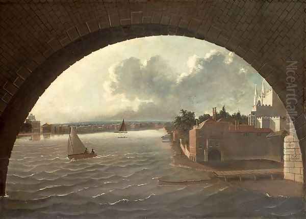 The Thames at Westminster seen through the arch of a bridge Oil Painting by Daniel Turner