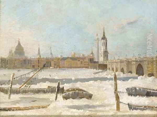 Old London Bridge with the Thames partially frozen Oil Painting by Daniel Turner