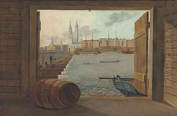 Trading brigs on the Thames before old London Bridge with the Monument beyond Oil Painting by Daniel Turner